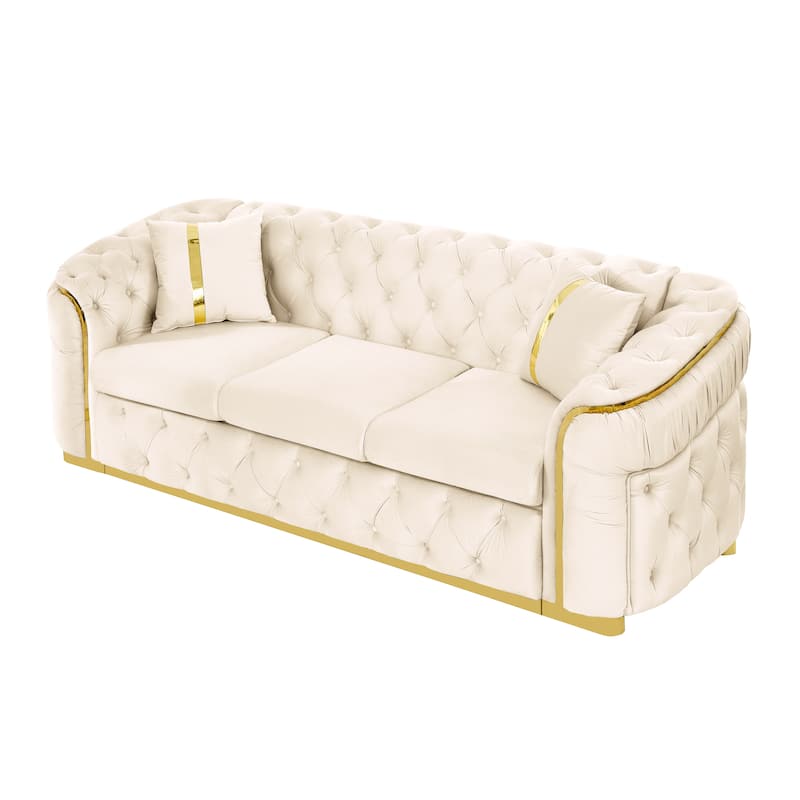 90.6 Inches 3 Seater Velvet Sofa with Gold Stainless Steel Accents and 2 Pillows, Beige