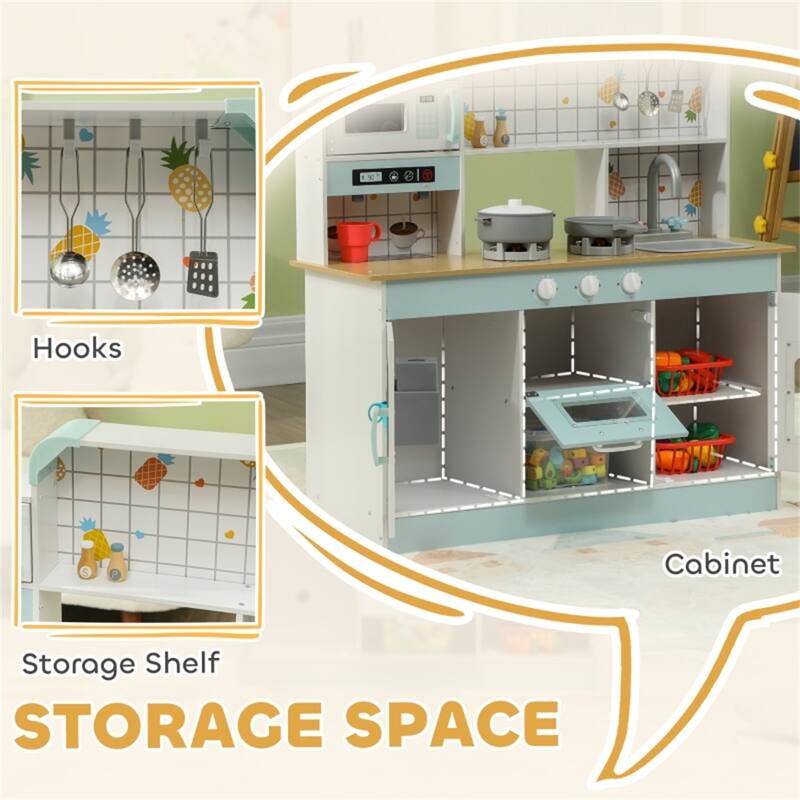 Kids Wooden Kitchen Playset with Light Sound Sink Coffee Maker and Storage White Blue Pretend Cooking Toy for Ages 3 and Up