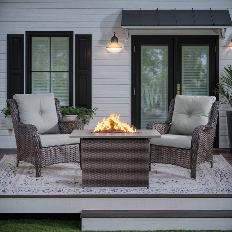 Outdoor Rectangular Fire Pit Table with 2 Patio Chairs - Brown - Beige