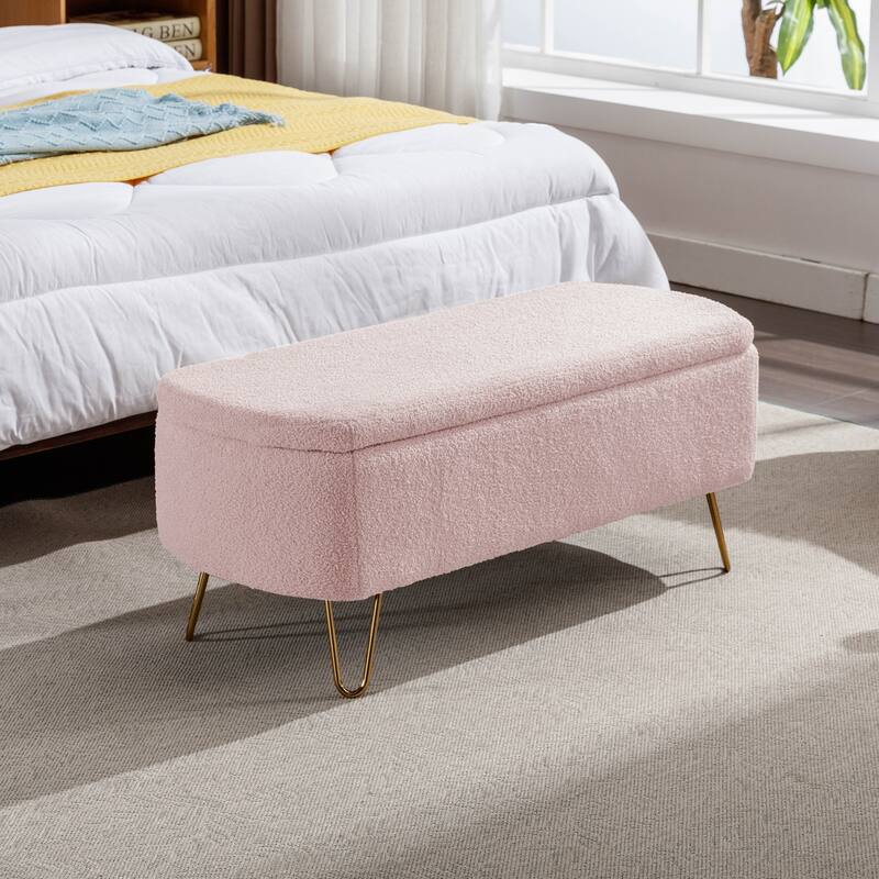 Oval Storage Ottoman Bench with Gold Legs by GDFStudio - 39.37"L x15.75"W x 15.50"H
