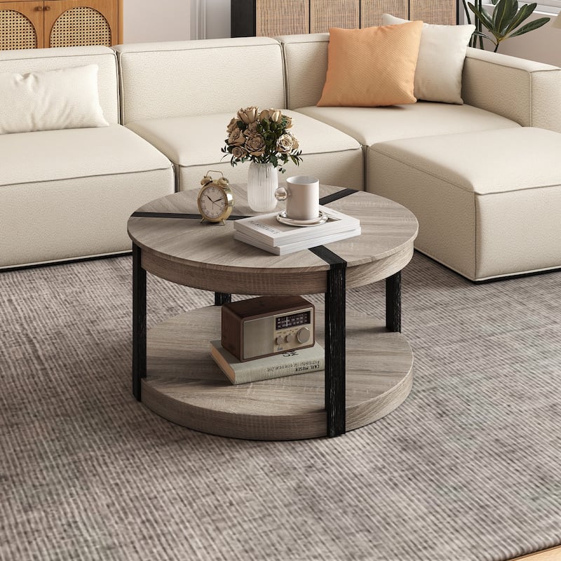 34.5" Rubber Wood 2-Tier Round Center Table with Spacious Tabletop and Storage Shelf-Gray - Multi