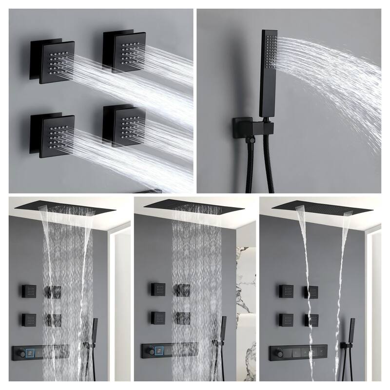 Modland Square Digital Rain and Waterfall Shower System with High-pressure Handheld Showerhead & 4 Massage Jets