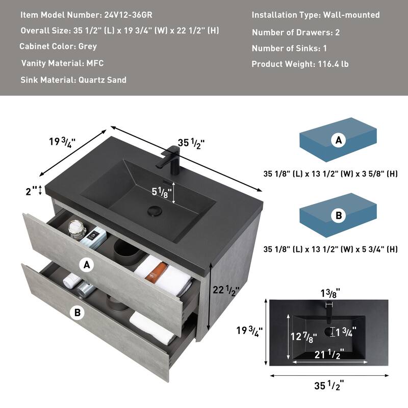 36"Bathroom Vanity with Sink,Wall-Mounted Bathroom Storage Vanity Cabinet with Black Quartz Sand Top Basin and Soft Close Drawer