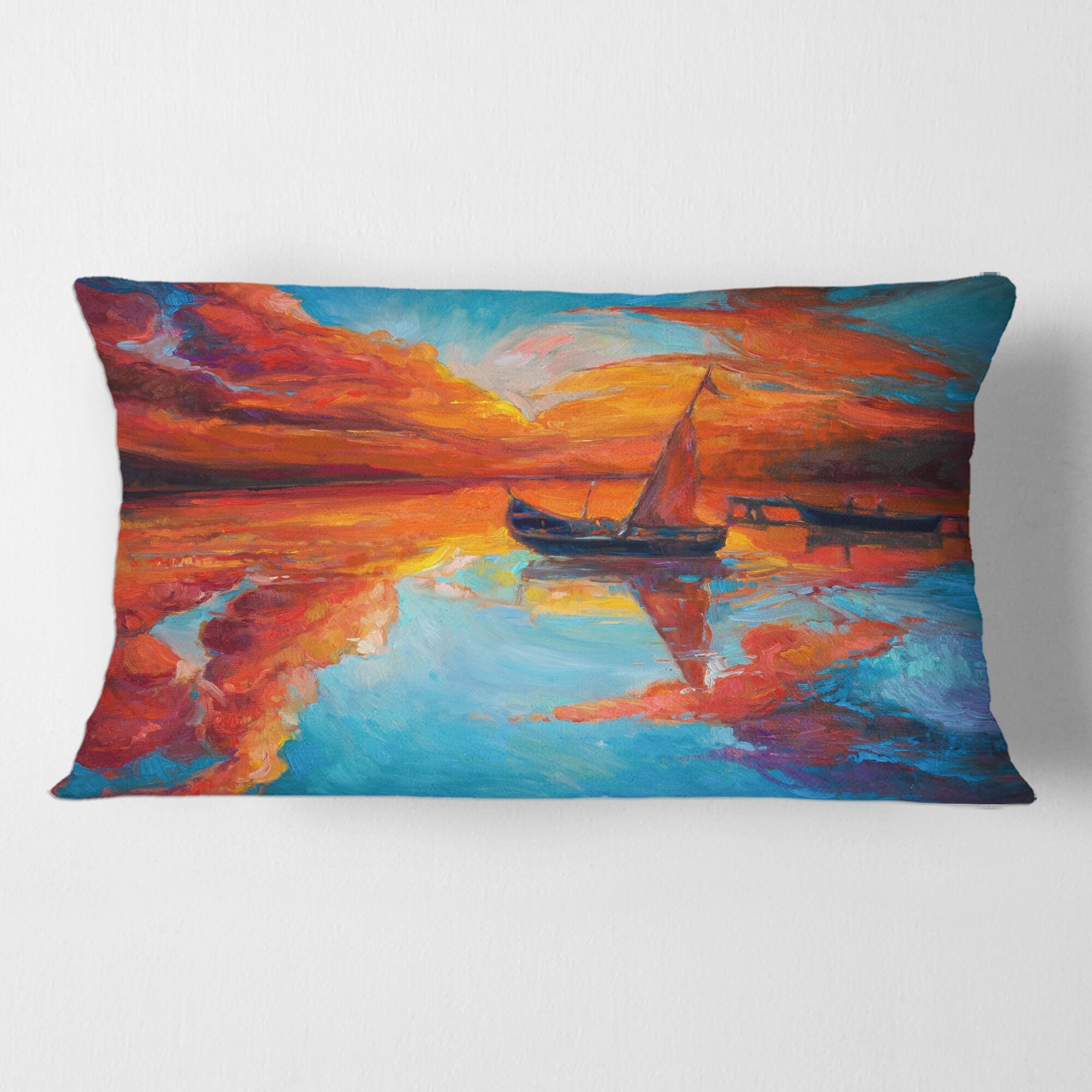 Designart Little Boat During Warm Deep Red Sunset Nautical