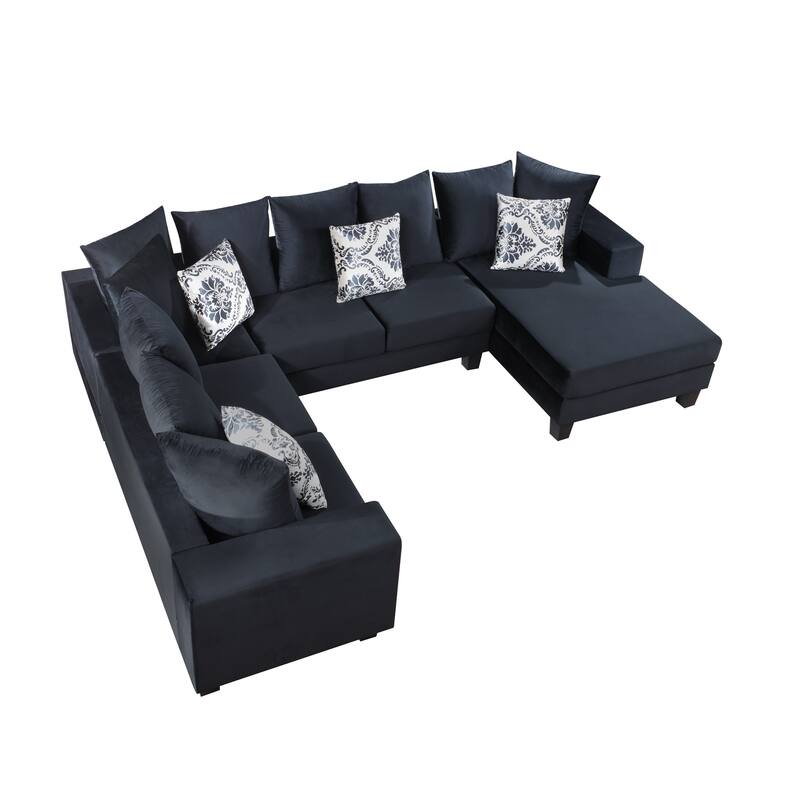 Black Velvet Recliner Sofa Set, U-shape Sectional Sofa w/ Chaise ...