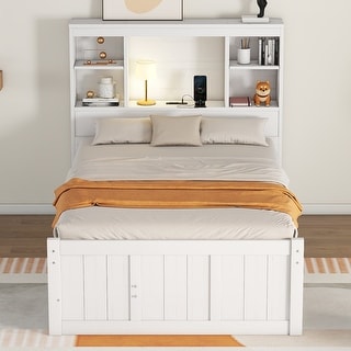 QueenSize Hydraulic Platform Bed with Storage LED Headboard, Pine Wood Bed with Charging Station and 2 Drawers, White