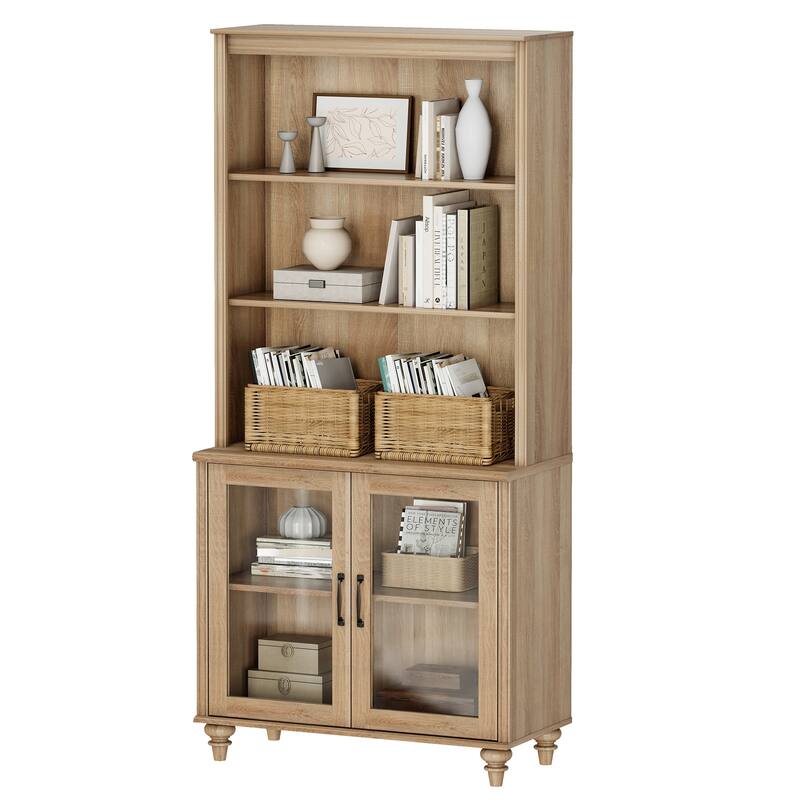 Oak Bookcase with Doors, Large Wood Farmhouse Book Case Shelf