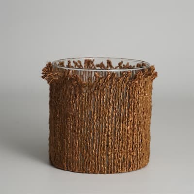 Cylindrical Glass Votive Candle Holder with a Wrap - 6" - Brown