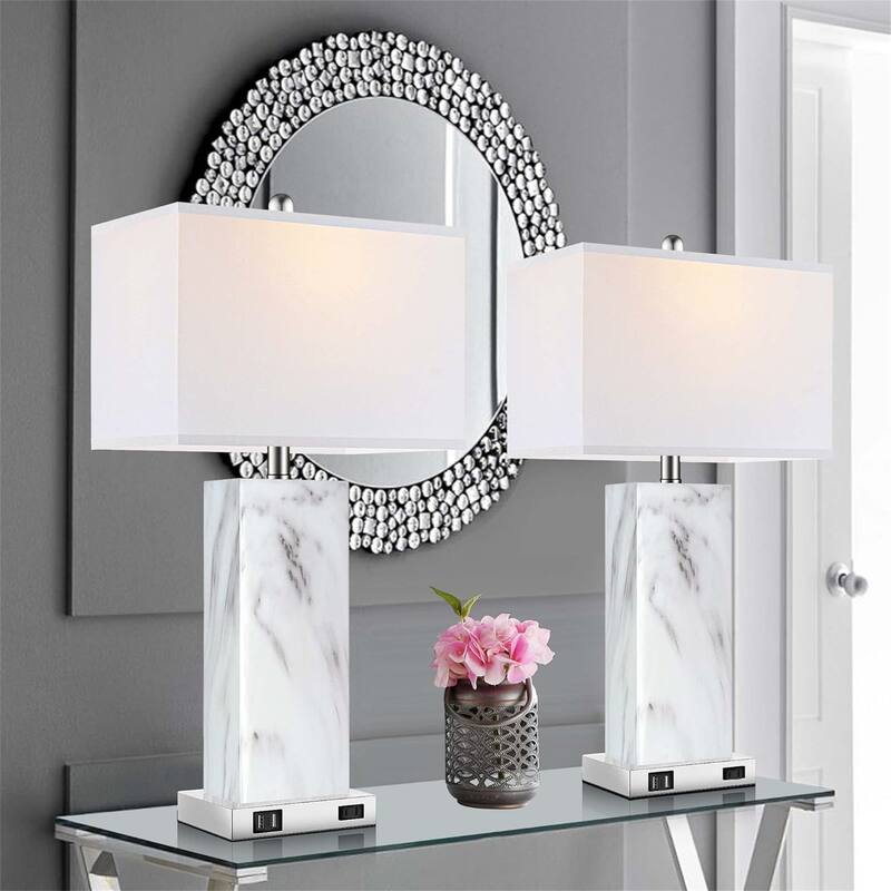 2 PCS Touch Control Ceramic Bedside Lamp w/ 2 USB Ports 1 AC Outlet (LED Bulbs Included)