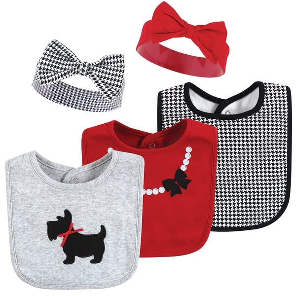 slide 1 of 1, Hudson Baby Infant Girl Cotton Bib and Headband or Caps Set, Scottie Dog, One Size - Scottie Dog - One Size One Size - Scottie Dog