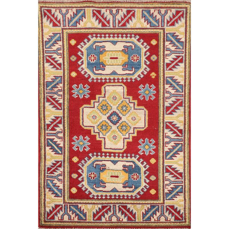 Red Geometric Kazak Foyer Rug Handmade Wool Carpet - 2'8" x 4'3"