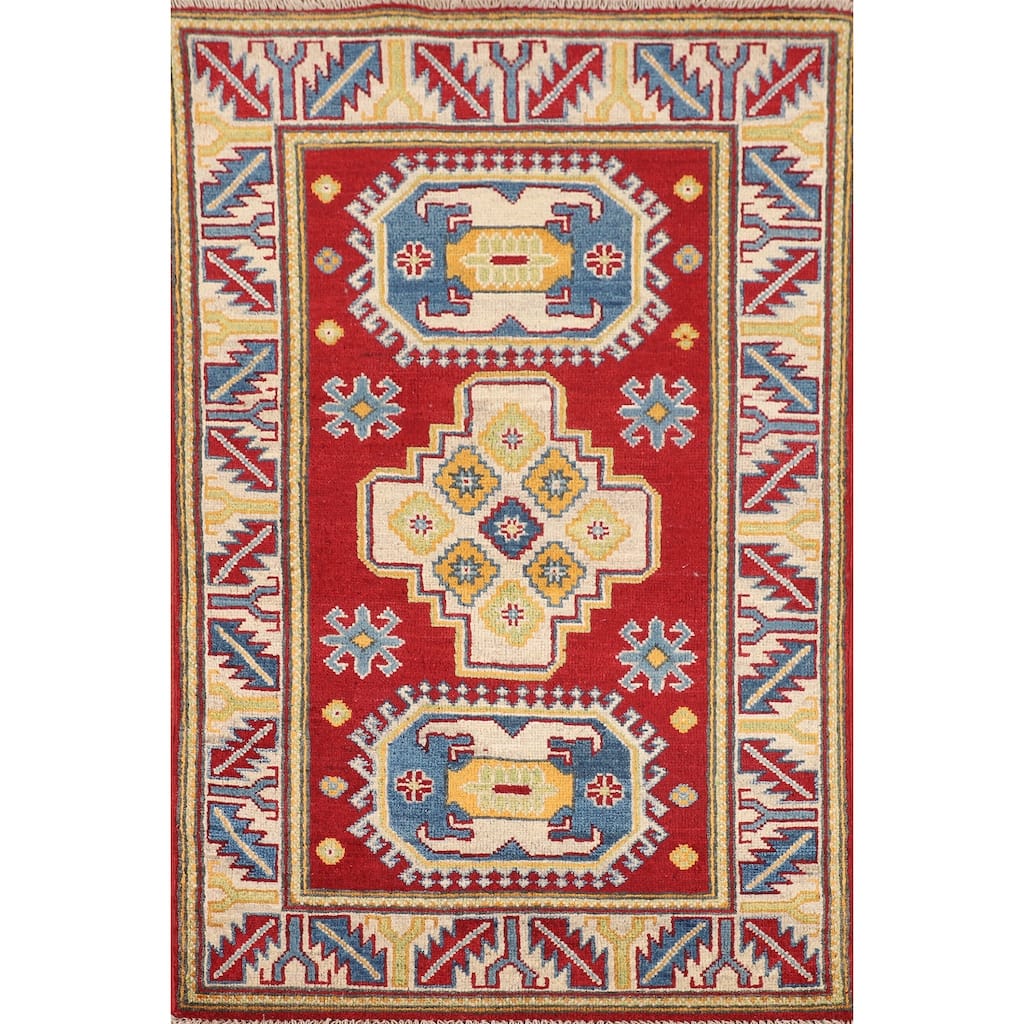 Red Geometric Kazak Foyer Rug Handmade Wool Carpet - 2'8" x 4'3"