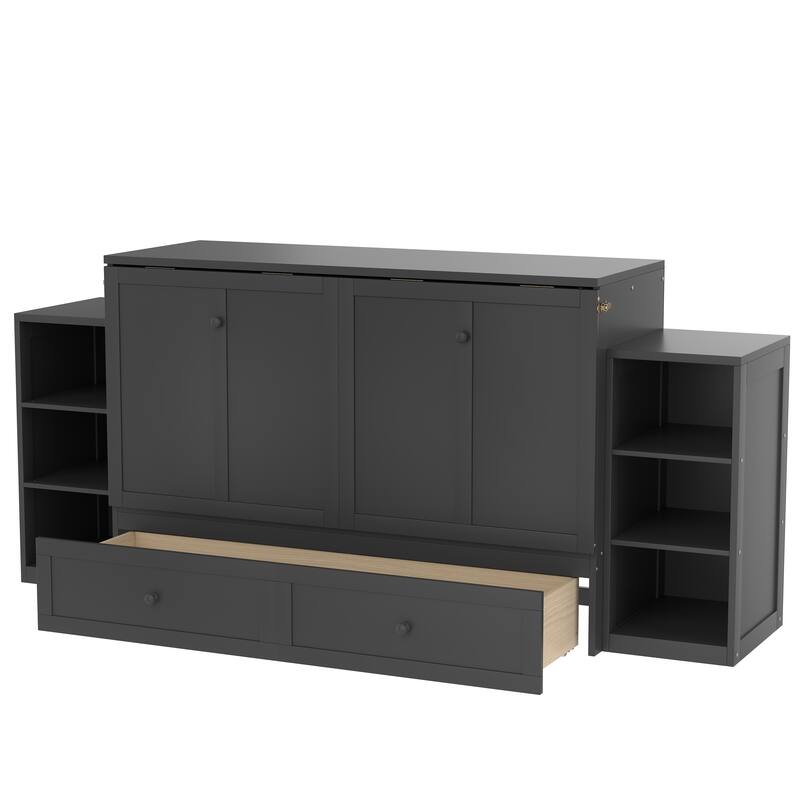 Queen Murphy Bed with Storage Drawers & Shelves for Guest Room