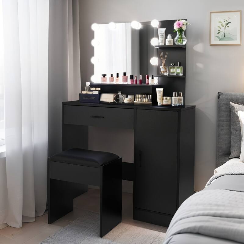 Vanity Desk with Mirror and Lights,with Drawer & Storage Cabinet,3 Adjustable Lighting Colors,with Open Shelves