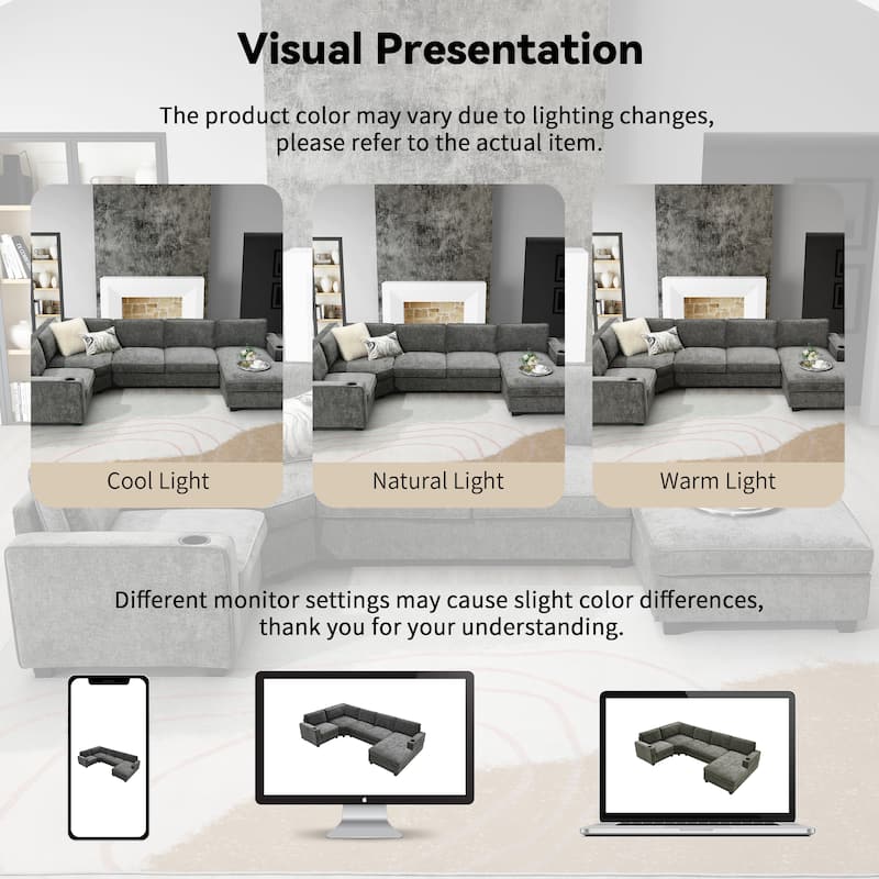 119" U-Shaped Sectional Sofa with Cup Holders, 6 Seat Chenille Corner Couch, Oversized Chaise Lounge