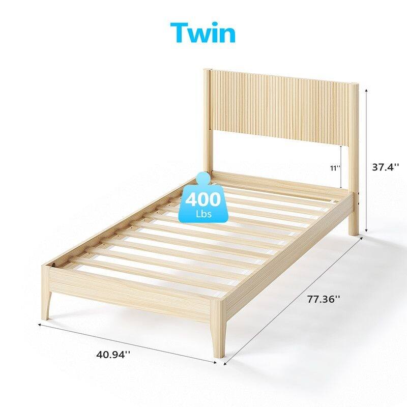 Solid Wood Twin Bed Frame Platform Bedframe with Headboard Grille Style