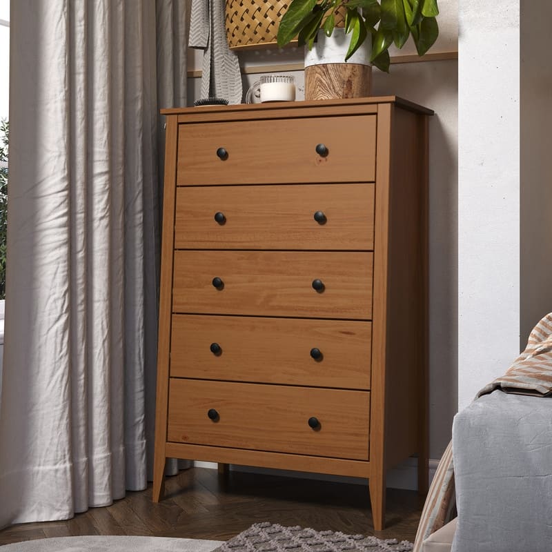 Jela Solid Wood 5 Drawer Dresser - Caramel