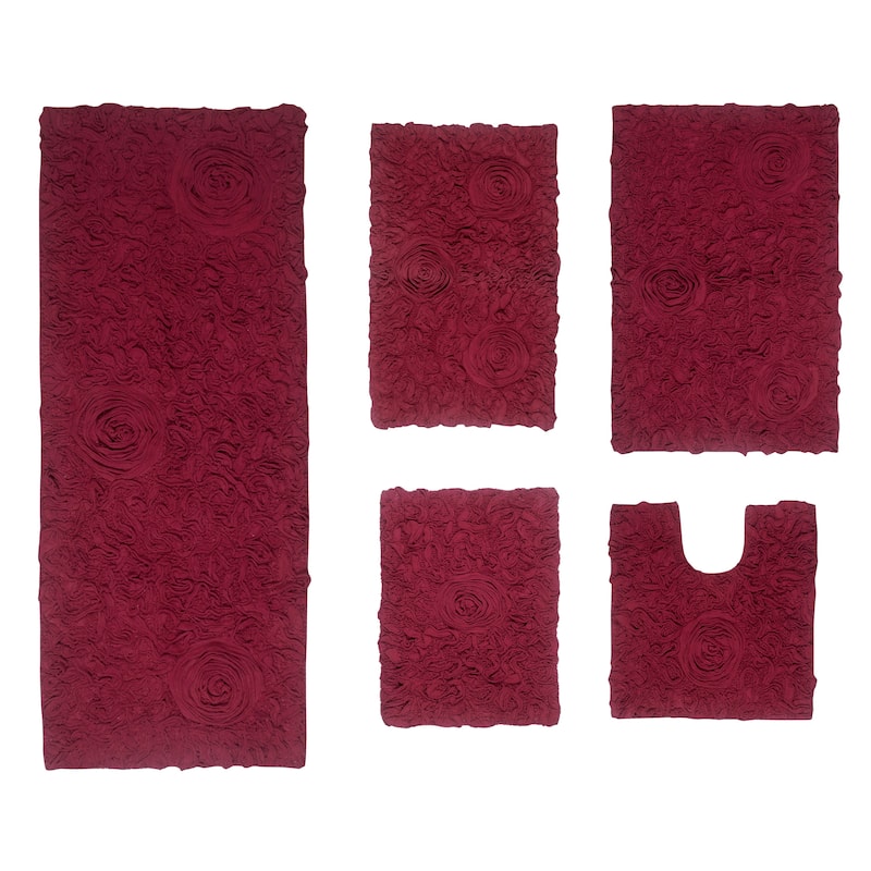 Bell Flower Collection 100% Cotton Non-Slip Bathroom Rug Set, Machine Washable Bath Rug, 5 Piece Bath Mat Set with Runner - Red