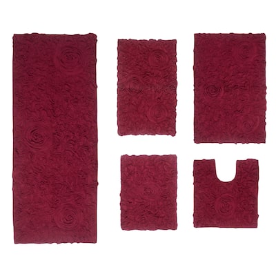 Bell Flower Collection 100% Cotton Non-Slip Bathroom Rug Set, Machine Washable Bath Rug, 5 Piece Bath Mat Set with Runner