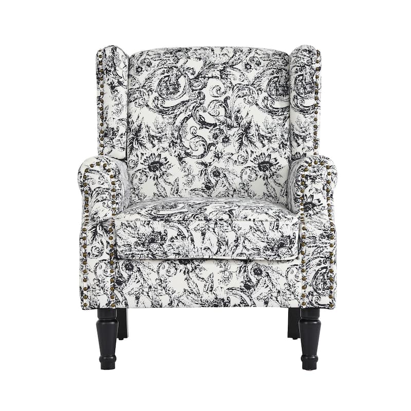Traditional Floral Patterned Wingback Armchair with Nailhead Trim