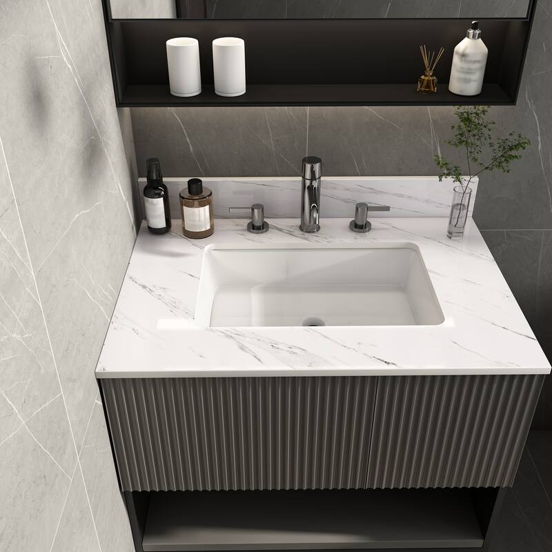 Roomfitters 31 Inch Bianco Carrara Venato Vanity Top with Rectangular Undermount Sink, Sintered Stone Bathroom Countertop, White