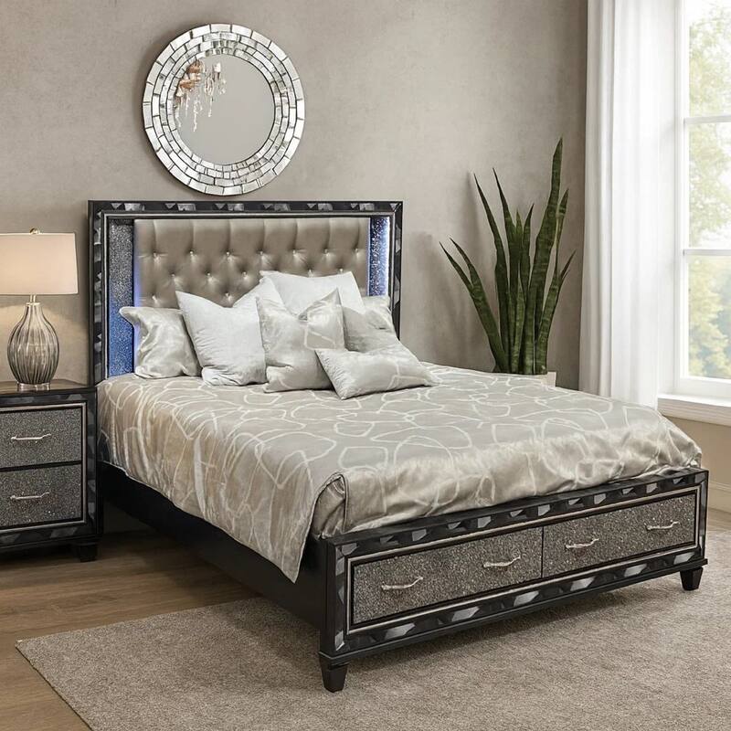 Bet King Bed, Silver Faux Leather Upholstery, LED, Crystal Accents, Black