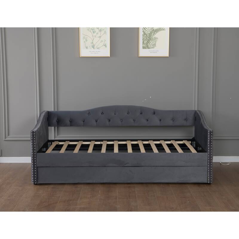 Twin Size Upholstered Daybed with Trundle and USB Charging Design, Sturdy Wood Slat Support, Wood Bed Frame,Plush Velvet Fabric