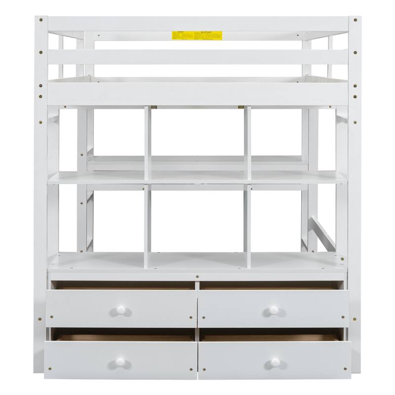 Full Size White Loft Bed with Desk Drawers Shelves Pine
