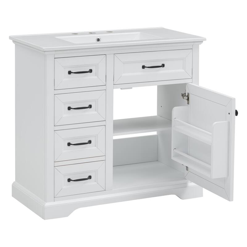 36 Inch Bathroom Vanity Ceramic Sink 4 Drawers Soft Close Door Metal Handles 8 Inch Faucet White