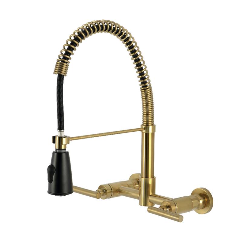 Kingston Brass Essex Double-Handle Wall-Mount Pre-Rinse Bridge Kitchen Faucet - Brushed Brass
