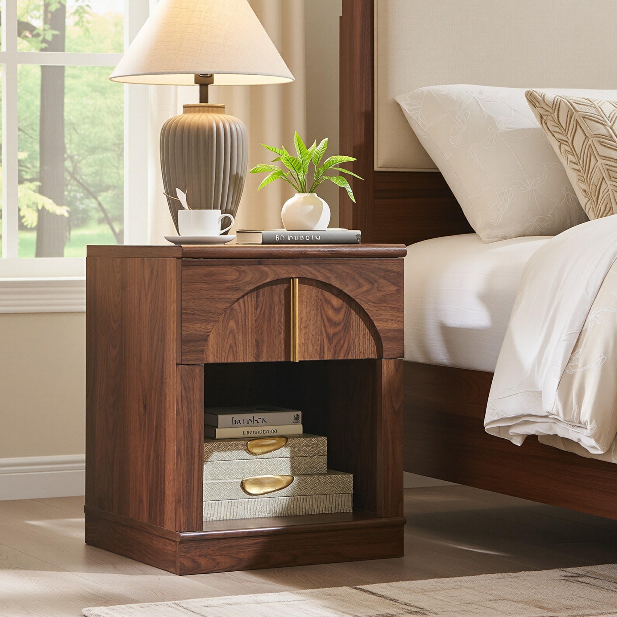 Modern Nightstand w/ Arched Panel, Bedside Table w/ Charging Station