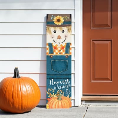 HomeRoots 36" Blue And Orange Solid Wood Happy Harvest Scarecrow Porch Sign