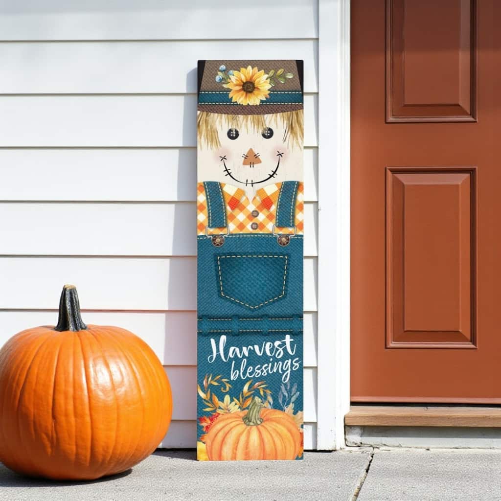 HomeRoots 36" Blue And Orange Solid Wood Happy Harvest Scarecrow Porch Sign