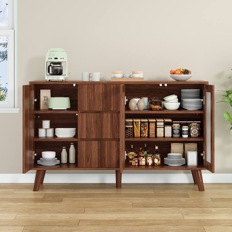 Farmhouse Buffet Cabinet, 55.5" Coffee Bar with 3 Drawers and Pop-Up Doors, Large Rustic Sideboard for Dining Room