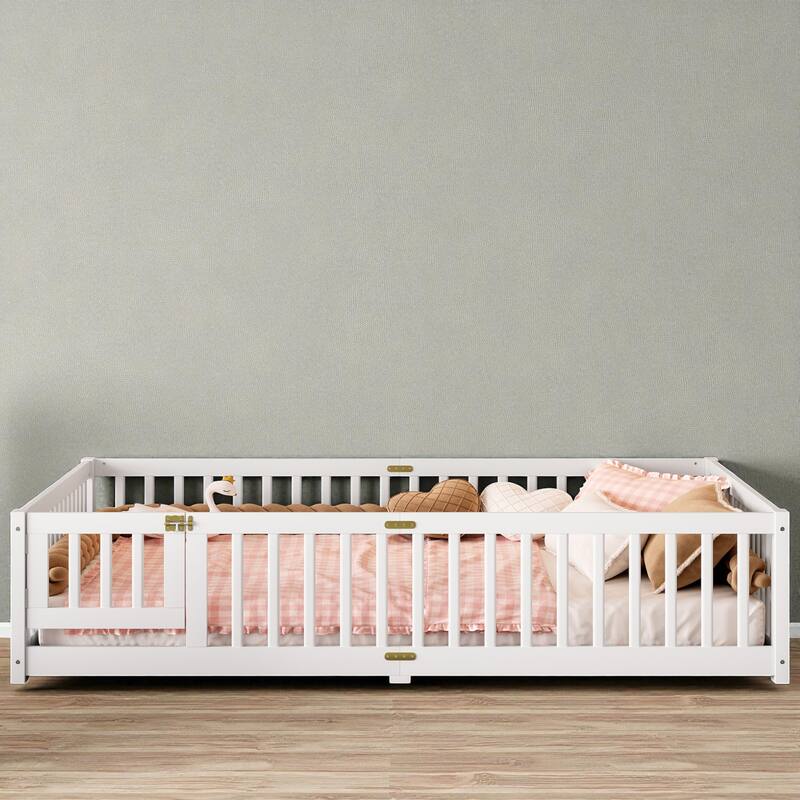 Twin/Full/Queen Size Wood Floor Bed with Door and Guardrails for Kids, Montessori Bed with Removable Slats