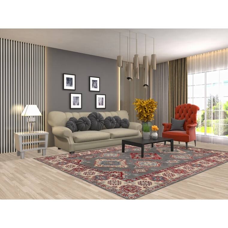 Hand Knotted Oriental 100% Wool Carpet Traditional Geometric Greys & Charcoal Kazak Area Rug - 9' 6'' X 6' 11''