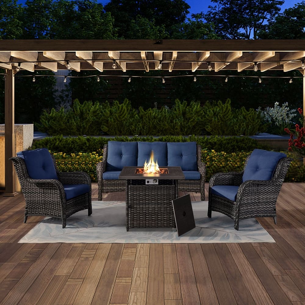 Gymojoy 4-Piece Outdoor Wicker Patio Furniture with Fire Pit Table, Rattan Coversation Set with Water Resistant Thick Cushions