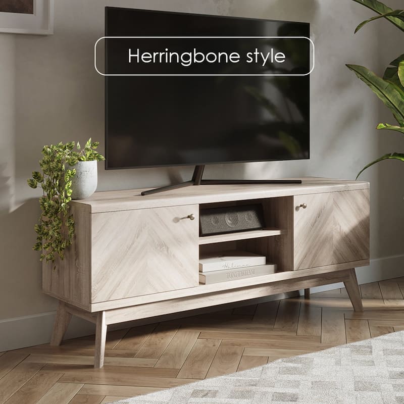 Living Skog Scandi Mid-Century Modern Herringbone TV Stand for TV Up to 65 Inches with Wooden Legs