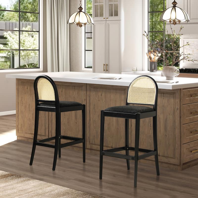 Panama Arched Cane Rattan Counter and Bar Stool (Set of 2) - Set of 2 - Ebony Black Boucle - Bar Height