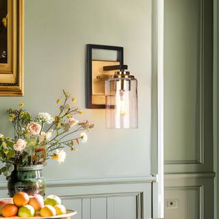 1-Light Cylindrical Seeded Glass Wall Sconce Modern Black Gold Vanity Lights - 5.5" L x 6" W x 10" H