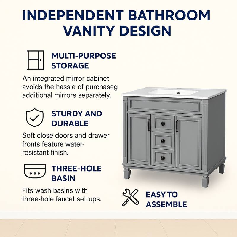 30" Ceramic Sink Bathroom Vanity with Gold Handles, Soft-Close Storage & Space-Saving Design