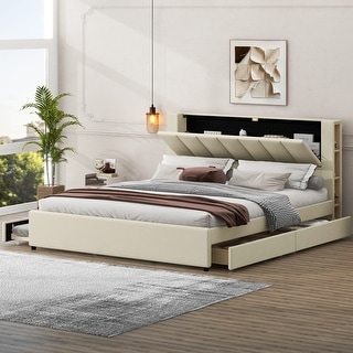 Upholstery Platform Bed with Storage Headboard, 2 Drawers and Trundle