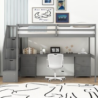 Multifunctional Design Wood Loft Bed with Maximized space, Built-in Desk and Drawers, Twin Size, Grey