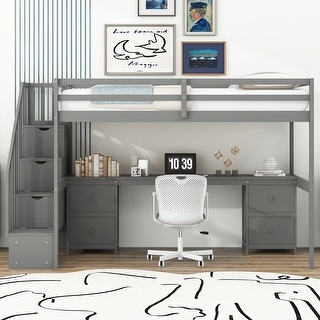 Twin Size Loft Bed wBuilt-in Desk, Storage Stairs, 2 Drawers and Shelves, Wooden Bedframe High Loft Platform Bed for Kids Teens