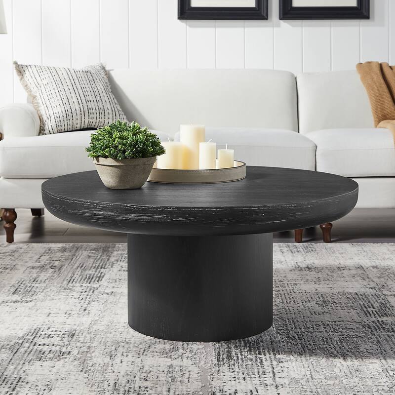 GDF Studio - Caden Modern Wood Veneer Round Coffee Table with Cylindrical Base - Black