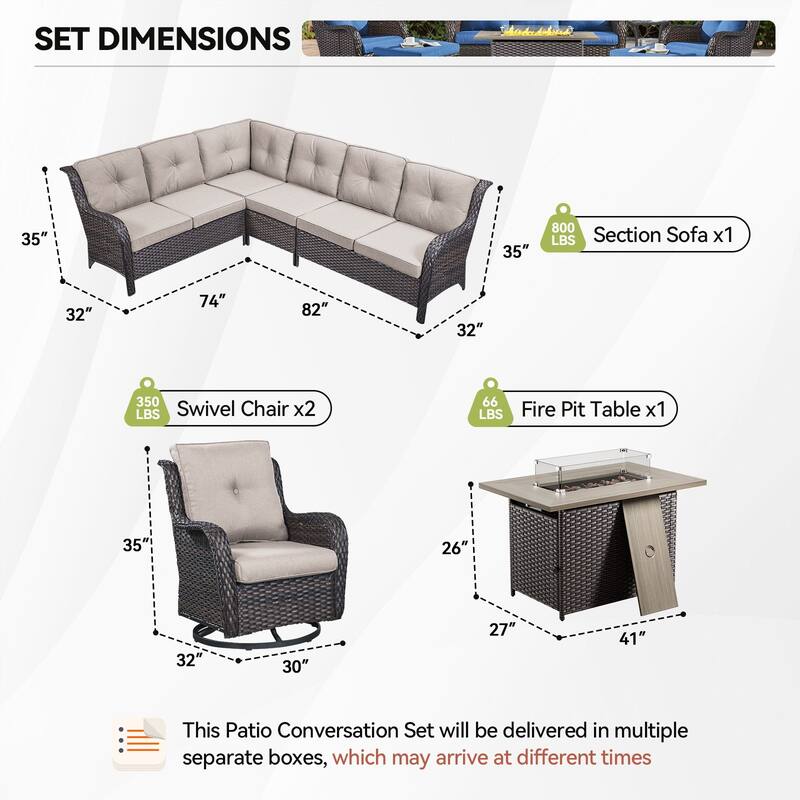 Outdoor 2 Sectional Sofa with Fire Pit Table Set