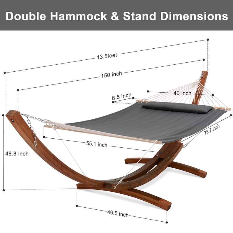 2 Person Large Quilted Hammock with 13.5 Ft Wooden Arc Hammock Stand