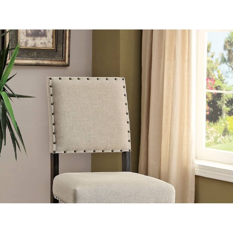 2-Piece Rustic Counter Height Bar Chair Set - Ivory Fabric with Nailhead Trim & Distressed Black Finish