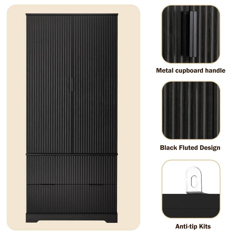 72" Fluted Kitchen Pantry Cabinet, Freestanding Cupboard Storage Cabinet with 2 Drawers for Smart Organization