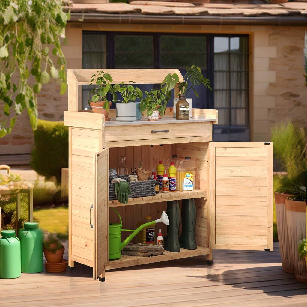 Moasis Outdoor Potting Bench Table with Detachable Shelves and Secure Magnetic Doors